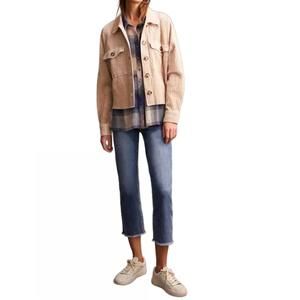 NEW HAGGAR TRIBAL crop denim shacket with patch packets in beige